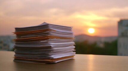 A tall stack of documents and files rests on a desk against a warm sunset sky with city silhouettes