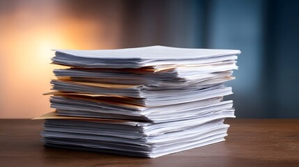 A messy stack of white papers and manila folders piled high on a wooden desk
