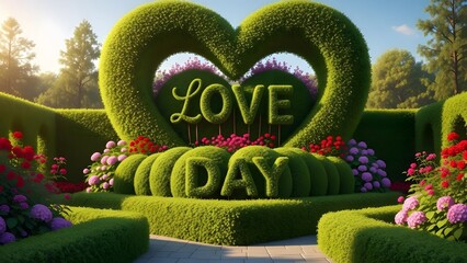 Heart shaped topiary garden with love day message