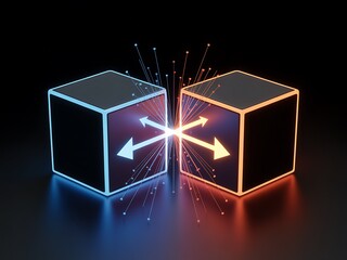 Abstract representation of a connection and data exchange between two glowing cubes