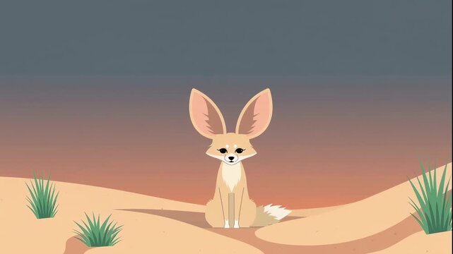 A cartoon fennec fox sitting in the desert at sunset in a video
