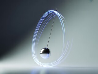 The abstract motion of a pendulum captured with a vibrant light trail against a neutral background