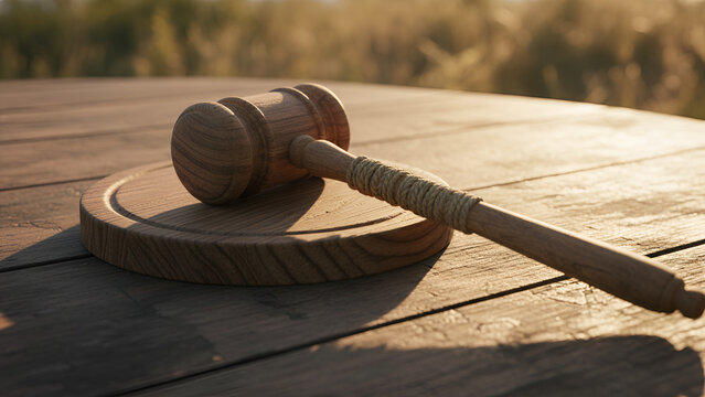Gavel on Round Wooden Surface &mdash; Legal Theme, Justice, Courtroom Vibe

