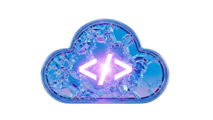 Glowing coding symbol in futuristic blue cloud icon with glowing effect