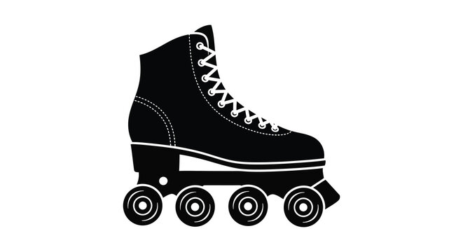 A minimalist black and white illustration depicts a single roller skate showcasing its design and form