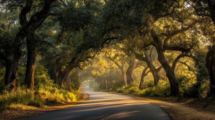Obraz premium Winding road through arching, lush trees creating a tunnel of vibrant greenery. Golden sunlight filters, illuminating the asphalt path ahead