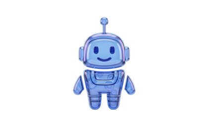 Friendly transparent blue robot with smiling face on black background