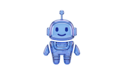 Friendly transparent blue robot with smiling face on black background