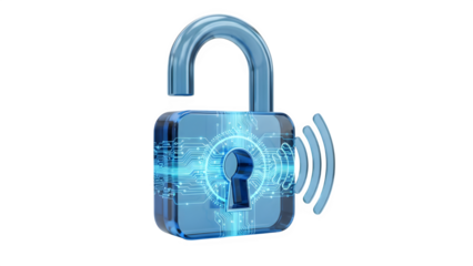 Digital padlock with glowing circuit board and wireless signal