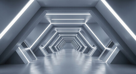 Abstract gray corridor with bright white linear lights creating futuristic and minimalist design showcasing space for product placement or text ideal for modern technology or architecture concepts