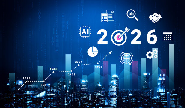 Bar graphs, charts, and number 2026 with AI and data analysis icons symbolizing future business innovation and analytics Parse - Powered by Adobe
