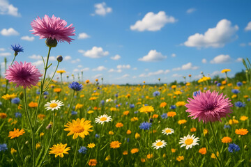Vibrant pink and blue wildflowers bloom in a sunlit meadow under a blue sky with full hd 4k stock image download white clouds