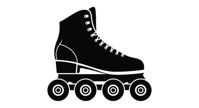A simple black and white illustration depicts a single roller skate showcasing its design and wheels