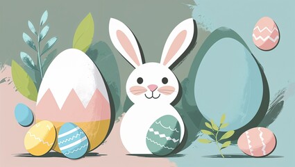 Easter illustration in pastel colors representing Easter Orthodox Easter egg hunt painted eggs Easter bread kulich paska bunny spring celebration resurrection Easter Sunday candle church family tradit