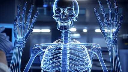 X-ray skeleton with hands up in a medical setting