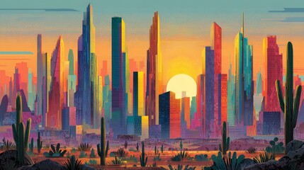 A stylized cityscape in a desert setting with skyscrapers bathed in warm sunset hues. Cacti dot the landscape