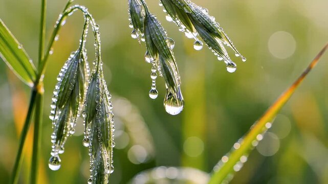 Closeup of green oat plants with dew drops glistening in the morning light.