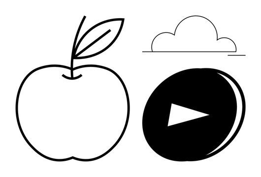 Education, nature, technology, digital media, minimalism, cloud storage. Black and white apple, cloud and play button icons. Education and nature by the apple and cloud