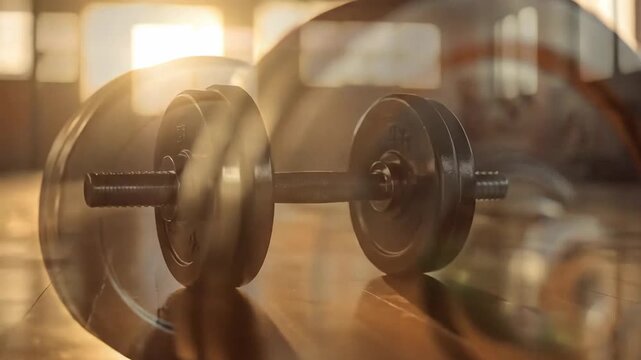Dumbbell on a Wooden Floor in a Gym with Bright Backlighting.