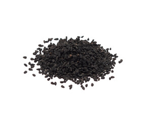 Pile of black cumin seeds isolated on white background
