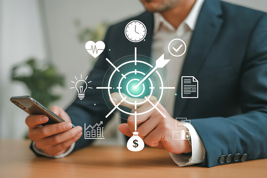 Businessman analyzing data with smartphone and digital interface - Powered by Adobe