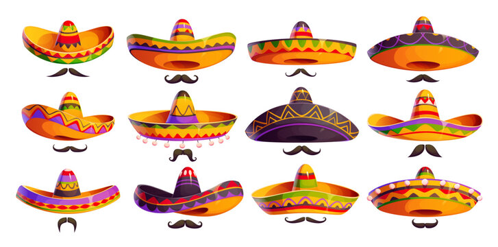 Cartoon Mexican sombrero hats decorated with stripes, zigzag patterns and pom poms, and moustaches. Cinco de Mayo, Mexican holiday party and festival vector decorations