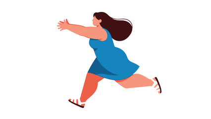 A full body illustration depicts a woman with a curvy figure running forward with arms outstretched and wearing a blue dress