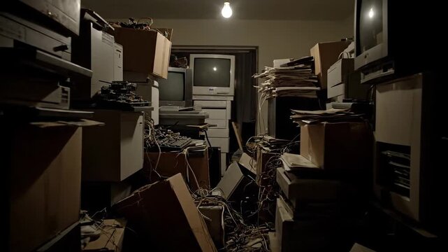 Overfilled room with old electronics, clutter, and tangled cables