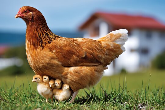 Hen protecting chicks outdoors near farmhouse on sunny day
