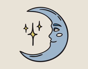 Fototapeta premium Moon in profile artistic face, boho mystical witchy hand drawn style