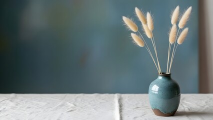 A serene blue vase with dried flowers on a white table against a soft blue background