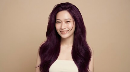 Naklejka premium Smiling young woman with long wavy dark purple hair against a plain beige background.