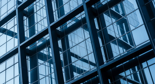 Abstract image of a modern building's glass facade, showcasing geometric patterns and reflections, symbolizing contemporary architecture and urban design - Powered by Adobe