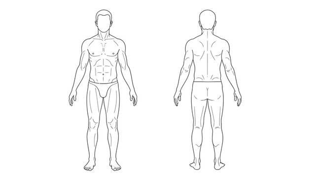 A detailed anatomical sketch showcases a male figure from both front and back perspectives outlining muscular structure
