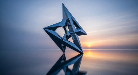 Abstract metallic sculpture on calm water at sunset, reflecting in the still surface, showcasing a minimalist design ideal for modern art or architecture concepts