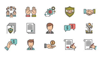 A collection of colorful icons depicting business concepts like finance teamwork agreements and successful transactions clearly visualized