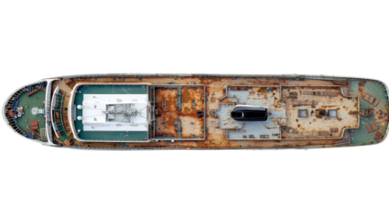 Aerial View of a Rusty Abandoned Ship Deck top view isolated on a transparent background