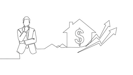 A thoughtful businessman contemplates rising property values and financial growth represented by a house and upward trending arrows