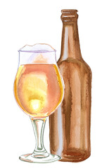 A glass of beer and bottle watercolor illustration. © Victoria