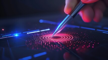 Hand holding stylus interacting with futuristic digital interface