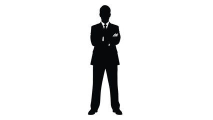 A striking silhouette of a man in a business suit confidently posing with arms crossed and a professional demeanor