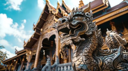 Fototapeta premium A close-up of a detailed dragon statue in front of an ornate temple. The temple features intricate carvings and a blue sky with clouds in the background.