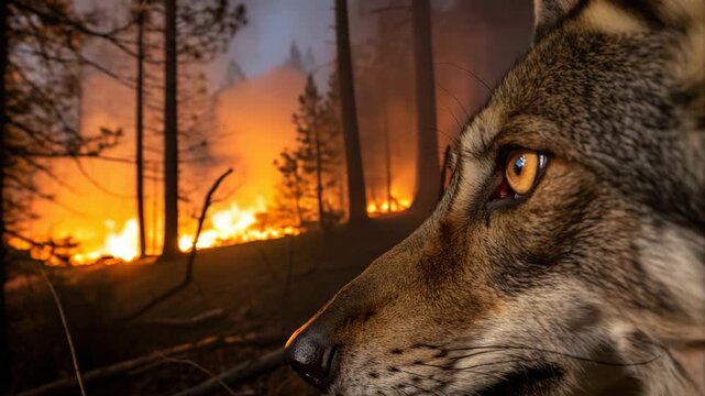 Close up of a wild wolf watching a devastating forest wildfire burning in the dark for climate change crisis concept and ecological survival