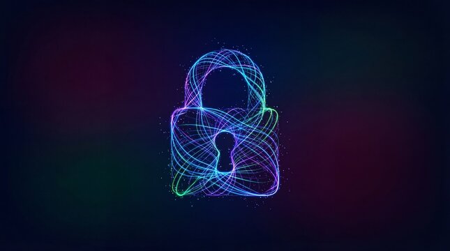 A vibrant neon padlock glows in the dark with a complex web of lines