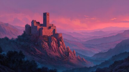 A majestic stone fortress sits atop a rugged cliff overlooking rolling hills, painted with warm sunset hues. Landscape composition