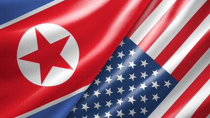 North Korea and United States of America two national flags filling the entire frame, close-up view, edge-to-edge composition