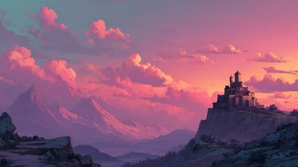 A majestic castle perched atop a mountain overlooking an expansive landscape bathed in the warm hues of a sunset