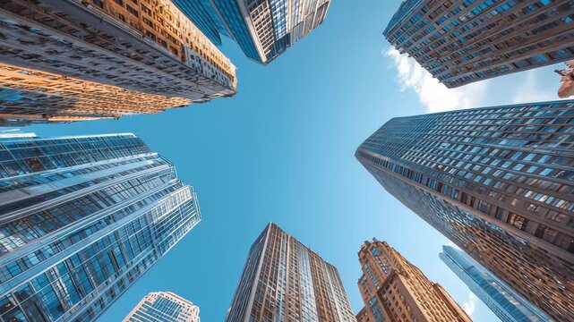 A capturing the perspective of looking up at tall buildings in a bustling city Bold statement making skyscrapers in the heart of a business district