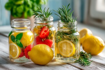 Refreshing fruit-infused water with lemons, strawberries, and herbs on wooden table