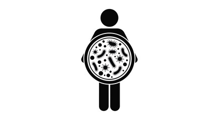 A simple black and white illustration depicts a person holding a circular form filled with various microscopic organisms
